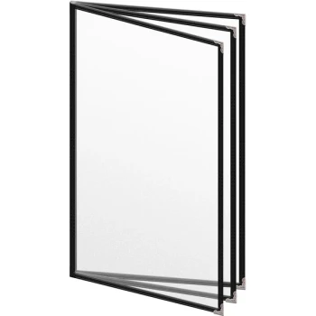 H. Risch, Inc. TETB Deluxe Sewn 8 1/2" x 14" Black 6 View Vinyl Menu Cover with Silver Decorative Corners and Matte Finish