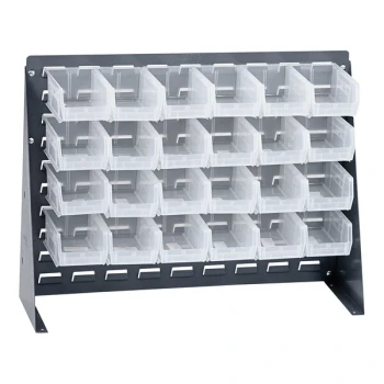 Quantum 27 3/4" x 8" x 21" Gray Steel Bench Rack with (24) 5 3/8" x 4 1/8" x 3" Clear Bins QBR-2721-210-24CL