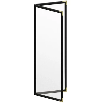 H. Risch, Inc. TED Deluxe Sewn 4 1/4" x 14" Black 4 View Menu Cover with Gold Smooth Corners and Matte Finish