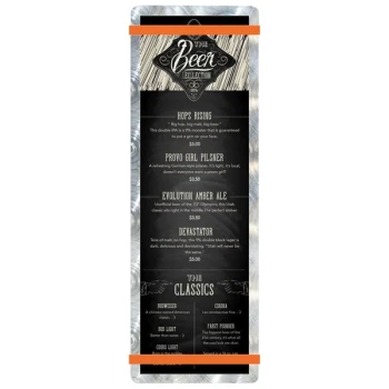 Menu Solutions ALSIN44-RB Alumitique 4 1/4" x 14" Customizable Swirl Aluminum Menu Board with Orange Bands