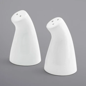 Front of the House 2 oz. White Porcelain Leaning Salt and Pepper Shaker Set - 12/Case