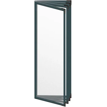 H. Risch, Inc. TEDD Deluxe Sewn 4 1/4" x 14" Green 8 View Menu Cover with Black Smooth Corners and Matte Finish