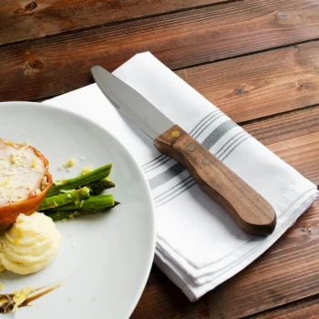 Walco from Steelite International WL830527 4 3/4" Customizable Stainless Steel Steak Knife with Stained Hardwood Handle - 12/Pack