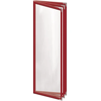H. Risch, Inc. TETB Deluxe Sewn 4 1/4" x 14" Red 6 View Vinyl Menu Cover with Silver Decorative Corners and Gloss Finish