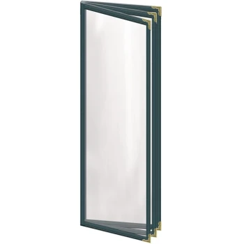 H. Risch, Inc. TETB Deluxe Sewn 4 1/4" x 14" Green 6 View Vinyl Menu Cover with Gold Decorative Corners and Gloss Finish