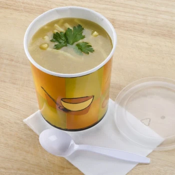 Huhtamaki 70432 Streetside Print 32 oz. Double Poly-Paper Soup / Hot Food Cup with Plastic Lid - 250/Case