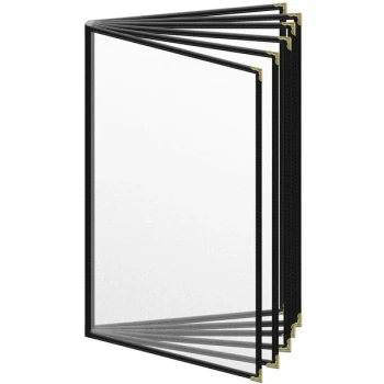 H. Risch, Inc. TE-12V Deluxe Sewn 8 1/2" x 14" Black 12 View Vinyl Menu Cover with Gold Decorative Corners and Matte Finish