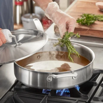 Vigor SS3 Series 6 Qt. Tri-Ply Stainless Steel Saute Pan with Cover and Helper Handle