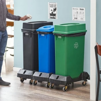 Lavex 69 Gallon 3-Stream Slim Rectangular Mobile Recycle Station with Black Drop Shot, Green Drop Shot, and Blue Bottle / Can Lids