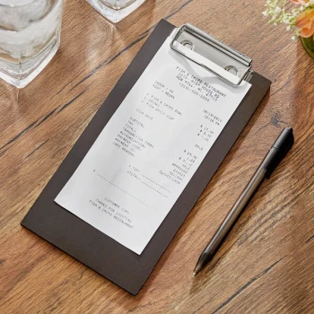 Choice 4" x 8" Customizable Dark Wood Color Menu Holder / Check Presenter with Clip