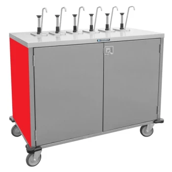 Lakeside 70201RD Stainless Steel E-Z Serve 8-Pump Condiment Dispensing Cart with Red Finish for 3 Gallon Condiment Pouches - 27 1/2" x 50 1/4" x 48 1/2"