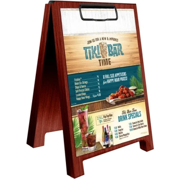 Menu Solutions WDSD-CL-B 5" x 7" Mahogany Wood Sandwich Menu Board Tent with Clip