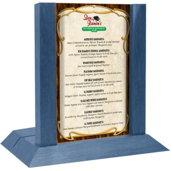 Menu Solutions WDAFR-B True Blue Wood Menu Holder / Tent with 5" x 7" Insert Slot
