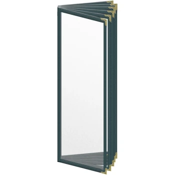 H. Risch, Inc. TE-12V Deluxe Sewn 4 1/4" x 14" Green 12 View Vinyl Menu Cover with Gold Decorative Corners and Matte Finish