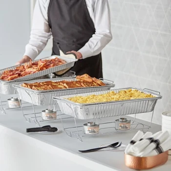 Choice 15 Piece Full Size Disposable Chafer Dish Kit with (3) Wire Stands, (3) Deep Pans, (3) Shallow Pans, and (6) 4 Hour Wick Fuels