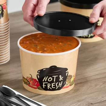 Choice 64 oz. Medley Double Poly-Coated Paper Soup / Hot Food Cup with Vented Paper Lid - 100/Case