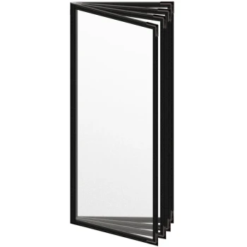 H. Risch, Inc. TEDD Deluxe Sewn 4 1/4" x 11" Black 8 View Menu Cover with Black Smooth Corners and Matte Finish