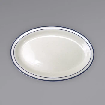 International Tableware Danube 9 3/4" x 7 1/2" Ivory (American White) Blue Speckled Narrow Rim Stoneware Platter with Blue Bands - 24/Case