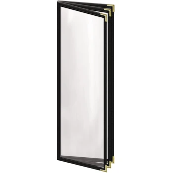 H. Risch, Inc. TETB Deluxe Sewn 4 1/4" x 14" Black 6 View Vinyl Menu Cover with Gold Smooth Corners and Gloss Finish