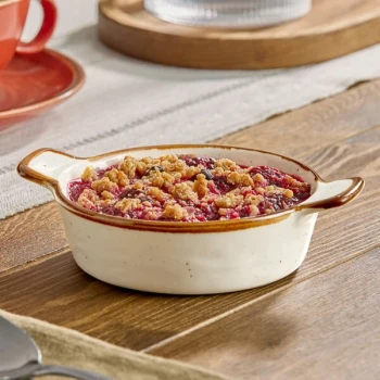 Acopa Keystone 6 oz. Vanilla Bean Porcelain Mini Casserole Dish with Handles - 48/Case