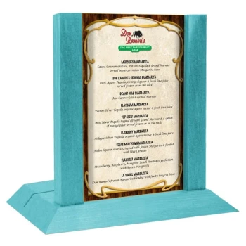 Menu Solutions WDAFR-A Sky Blue Wood Menu Holder / Tent with 4" x 6" Insert Slot