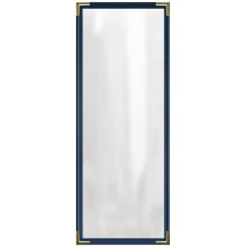 H. Risch, Inc. TED Deluxe Sewn 4 1/4" x 11" Blue 4 View Menu Cover with Gold Smooth Corners and Matte Finish