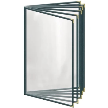 H. Risch, Inc. TE-12V Deluxe Sewn 8 1/2" x 14" Green 12 View Vinyl Menu Cover with Gold Smooth Corners and Gloss Finish