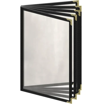 H. Risch, Inc. TE-10V Deluxe Sewn 5 1/2" x 8 1/2" Black 10 View Vinyl Menu Cover with Gold Decorative Corners and Gloss Finish