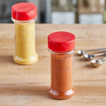 7 oz. Round Plastic Spice Container and 53/485 Red Induction-Lined Dual Flapper Lid with 7 Holes - 300/Case