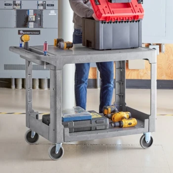 Lavex Large Gray 2-Shelf Utility Cart with Flat Top and Built-In Tool Compartment - 44" x 25 1/4" x 32 1/4"