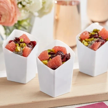 Choice 2.5 oz. White Plastic Mini Angled Appetizer Cup - 10/Pack