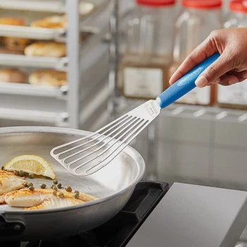 Dexter-Russell 19673H Sani-Safe Cool Blue 6 1/2" x 3" High Heat Blue Slotted Fish / Egg Turner