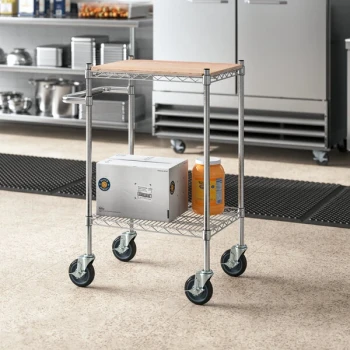 Regency 18" x 29 3/4" Two Shelf Chrome Utility Cart with U-Shaped Handle and Wooden Shelf Insert