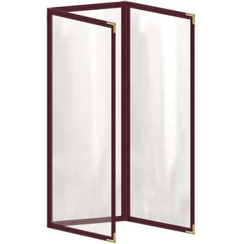 H. Risch, Inc. TET Deluxe Sewn 4 1/4" x 14" Maroon 6 View Foldout Vinyl Menu Cover With Gold Smooth Corners and Gloss Finish