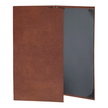H. Risch, Inc. 8 1/2" x 14" Brown Tuxedo Leather Customizable 3 View Menu Cover with Picture Corners