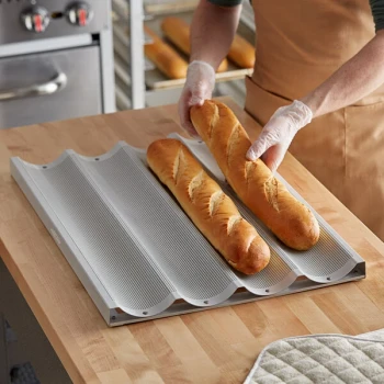 Baker's Lane 4 Loaf Glazed Aluminum Baguette / French Bread Pan - 26 inch x 3 7/8 inch x 1 inch Compartments