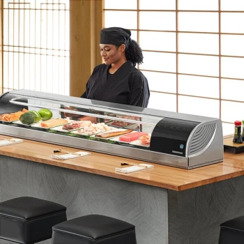 Hoshizaki HNC-180BA-R-SLH Curved Glass Refrigerated Sushi Display Case 71" - Right Side Compressor