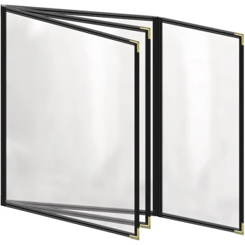 H. Risch, Inc. TETBQ Deluxe Sewn 8 1/2" x 11" Black 8 View Vinyl Menu Cover with Gold Smooth Corners and Gloss Finish