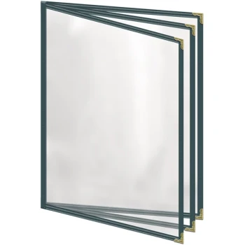 H. Risch, Inc. TETB Deluxe Sewn 8 1/2" x 11" Green 6 View Vinyl Menu Cover with Gold Decorative Corners and Gloss Finish