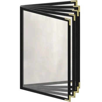 H. Risch, Inc. TE-10V Deluxe Sewn 5 1/2" x 8 1/2" Black 10 View Vinyl Menu Cover with Gold Smooth Corners and Gloss Finish