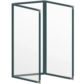 H. Risch, Inc. TET Deluxe Sewn 4 1/4" x 11" Green 6 View Foldout Vinyl Menu Cover With Silver Decorative Corners and Matte Finish