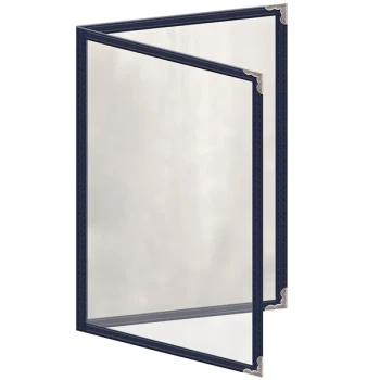 H. Risch, Inc. TED Deluxe Sewn 5 1/2" x 8 1/2" Blue 4 View Menu Cover with Silver Decorative Corners and Gloss Finish