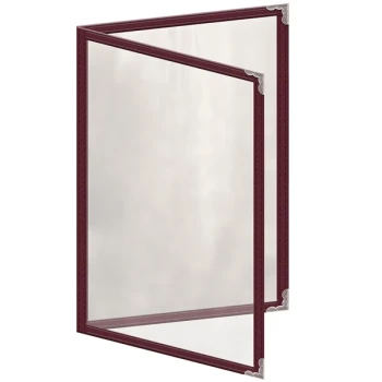 H. Risch, Inc. TED Deluxe Sewn 5 1/2" x 8 1/2" Maroon 4 View Menu Cover with Silver Decorative Corners and Gloss Finish