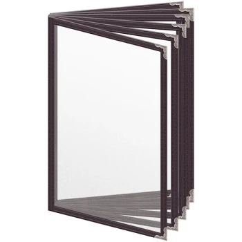 H. Risch, Inc. TE-12V Deluxe Sewn 5 1/2" x 8 1/2" Brown 12 View Vinyl Menu Cover with Silver Decorative Corners and Matte Finish