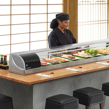 Hoshizaki HNC-210BA-L-SLH Curved Glass Refrigerated Sushi Display Case 83" - Left Side Compressor