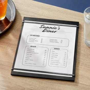 Choice 9" x 12 1/2" Customizable Black Wood Color Menu Holder / Presenter with Straps