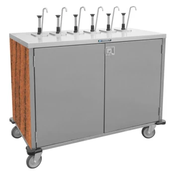 Lakeside 70201VC Stainless Steel E-Z Serve 8-Pump Condiment Dispensing Cart with Victorian Cherry Finish for 3 Gallon Condiment Pouches - 27 1/2" x 50 1/4" x 48 1/2"