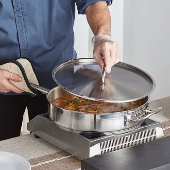 Vigor SS1 Series 7 Qt. Stainless Steel Aluminum-Clad Saute Pan with Lid and Helper Handle