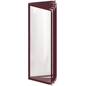 H. Risch, Inc. TE-10V Deluxe Sewn 4 1/4" x 14" Maroon 10 View Vinyl Menu Cover with Silver Decorative Corners and Gloss Finish