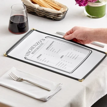 H. Risch, Inc. TES Deluxe Sewn 8 1/2" x 14" Black 2 View Vinyl Menu Cover with Gold Decorative Corners and Gloss Finish